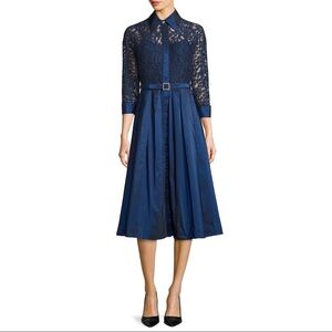 Rickie Freeman Teri Jon Lace Full-Skirt Belted Cocktail Shirtdress Navy size 10